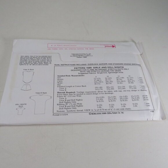 Kwik Sew 1565 Girl NIGHT SHIRT & DOLL SHIRT size 8-14 UNCUT Sewing Pattern - Picture 6 of 7